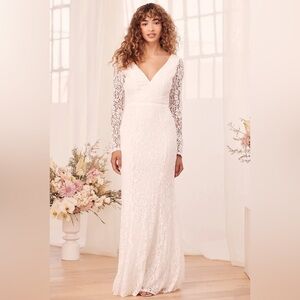 NWT LULUS SIZE XL Natural Beauty White Lace Long Sleeve Maxi Dress wedding GOWN